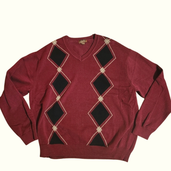 Tasso Elba Golf 100% cotton argyle v-neck sweater burgundy‎ black mens XL - Picture 1 of 5